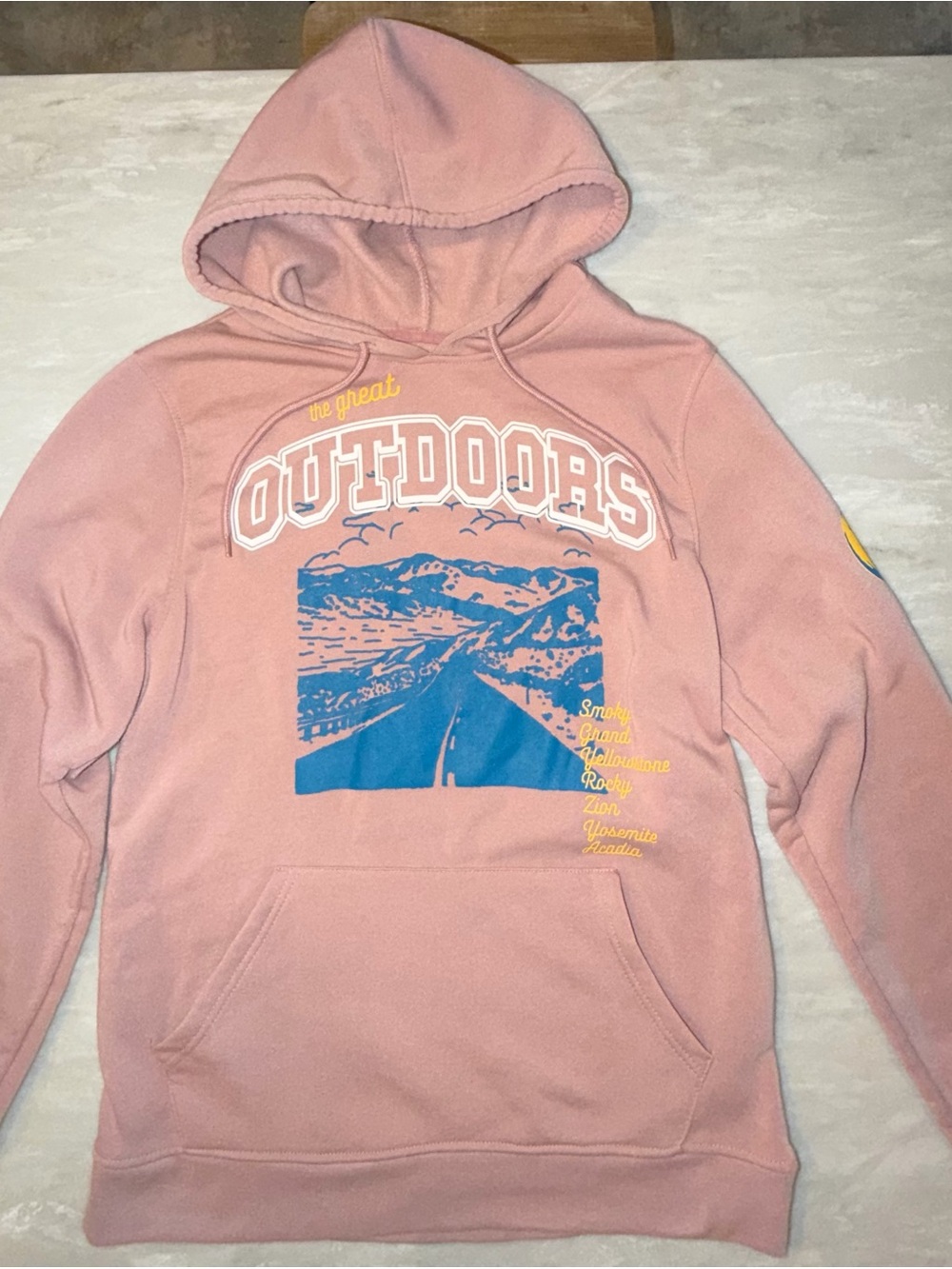 Brooklyn Cloth Pink Crewneck Hoodie with Blue Outdoors Graphic